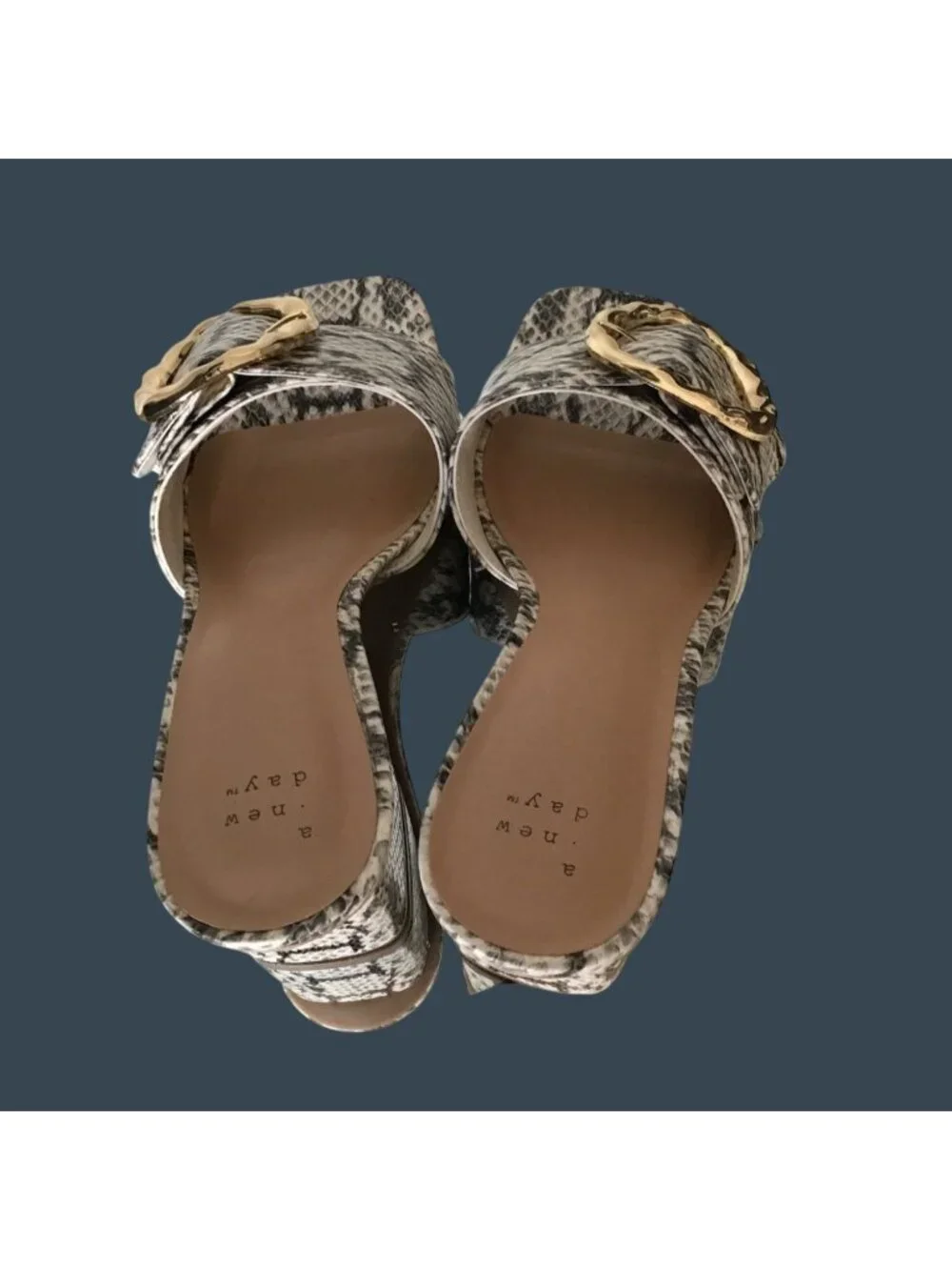 Snake-skin Block Heel Slide Sandals with Gold Buckle by A New Day - Women's Shoe